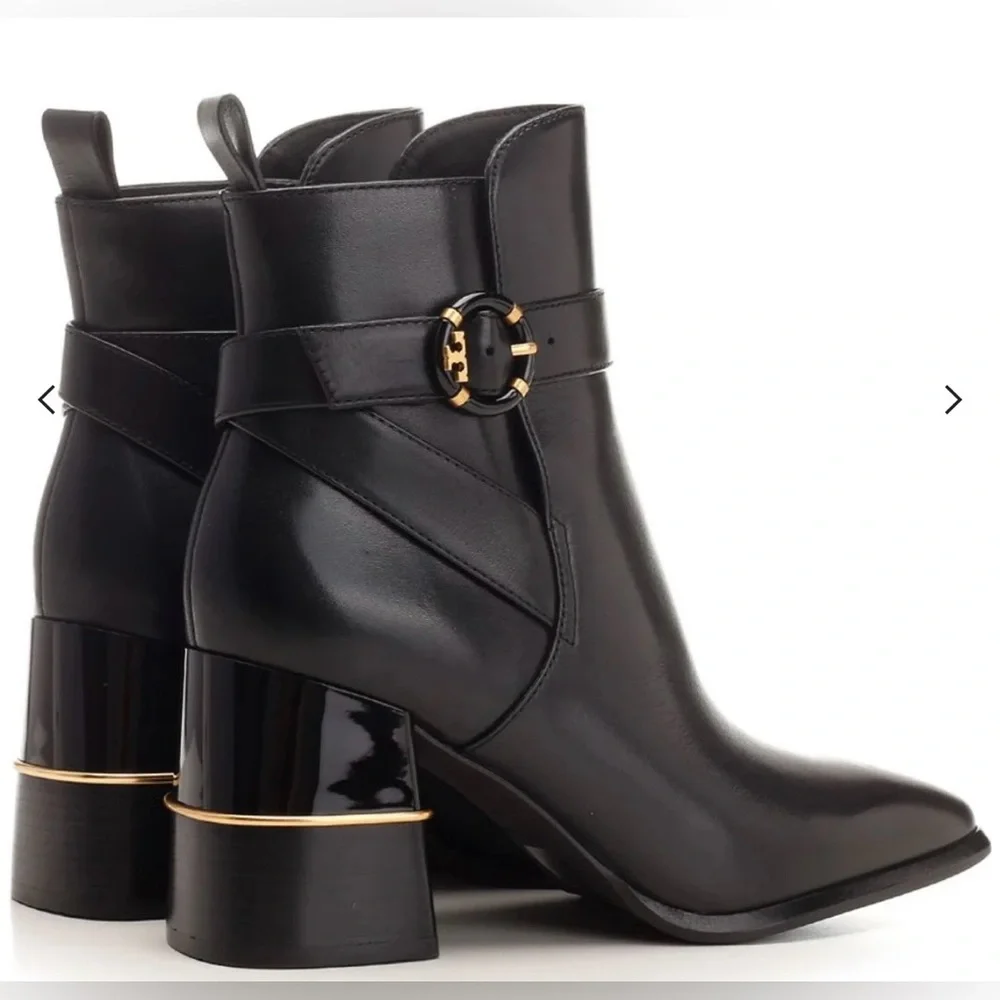 Tory Burch Black Leather Ankle Boots with Logo Buckle and gold accent EUC size 9